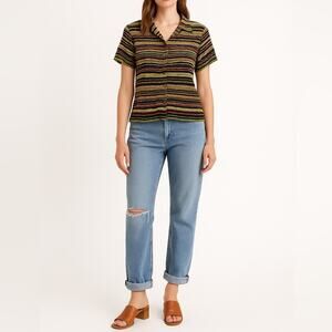 VINTAGE CASUAL CORNER 90s Crinkle Striped Button-Up Blouse | Small | Streetwear